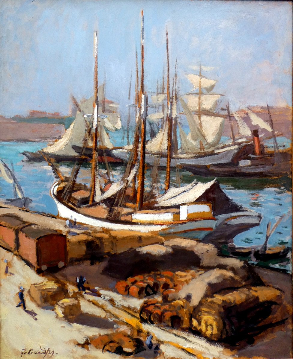 Josué Gaboriaud (1883-1955) Déchargement Des Barriques Sur Le Vieux Port De Marseille