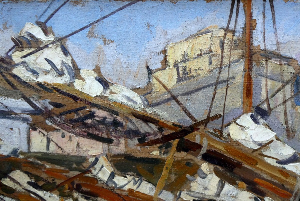 Jean Lair De La Haye (1889-?) Schooners At Quay In The Old Port Of Marseille-photo-3