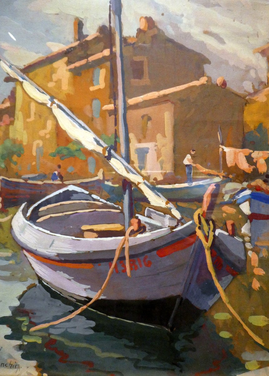 Jos Henri Ponchin (1897-1962) Barques De Pêche à Martigues - Gouache-photo-3