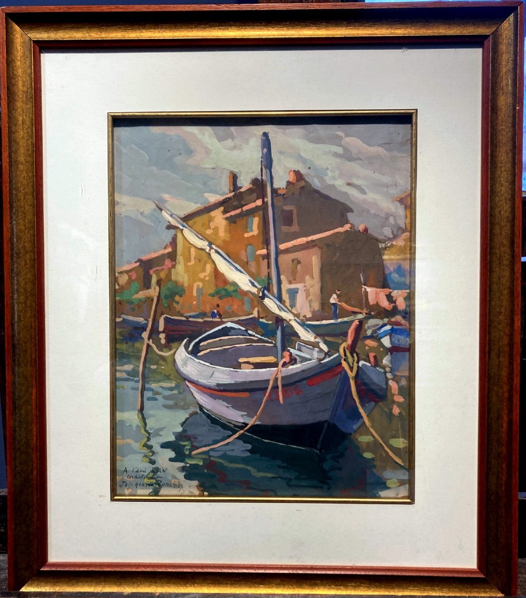 Jos Henri Ponchin (1897-1962) Barques De Pêche à Martigues - Gouache-photo-2
