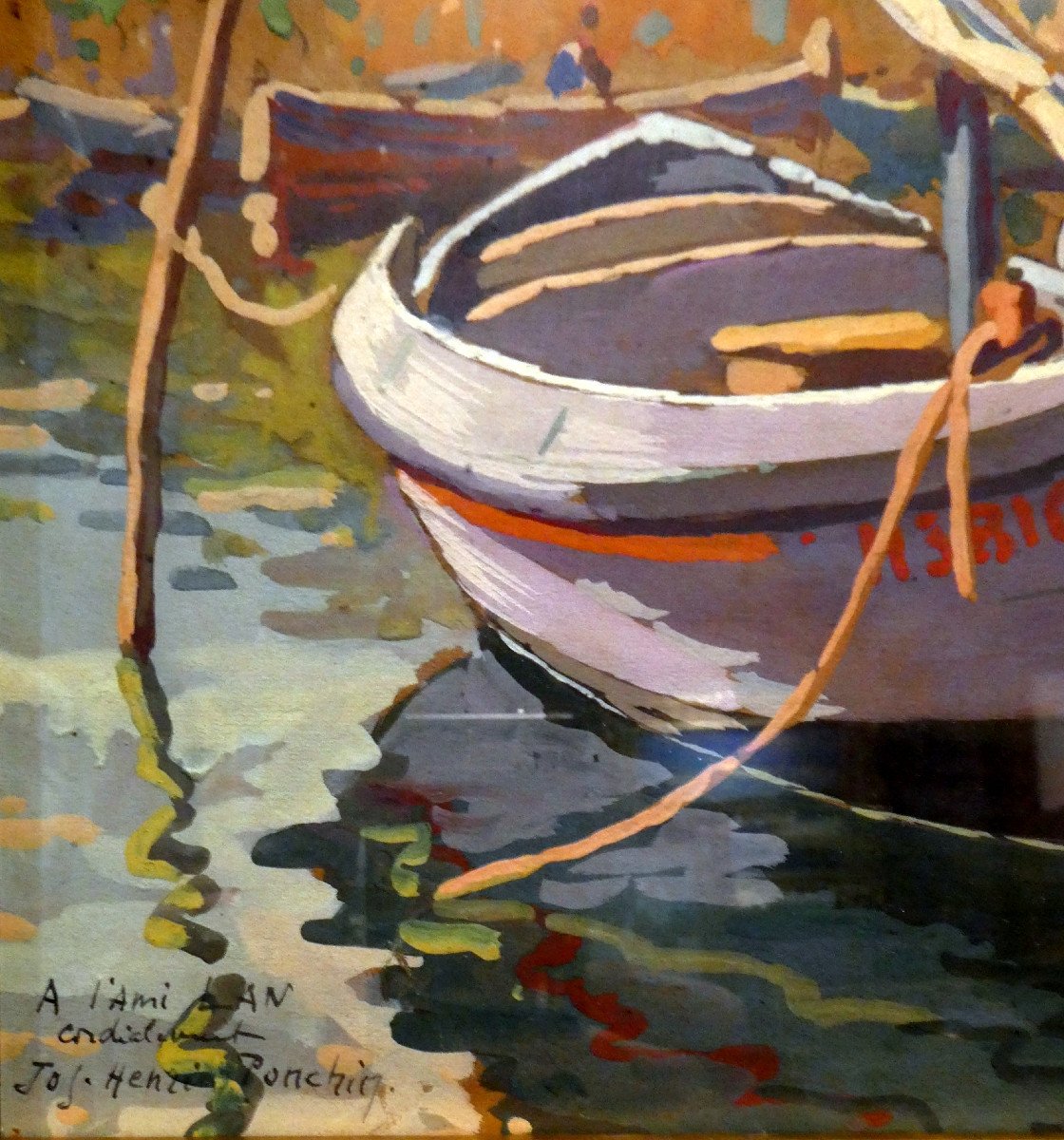 Jos Henri Ponchin (1897-1962) Barques De Pêche à Martigues - Gouache-photo-4