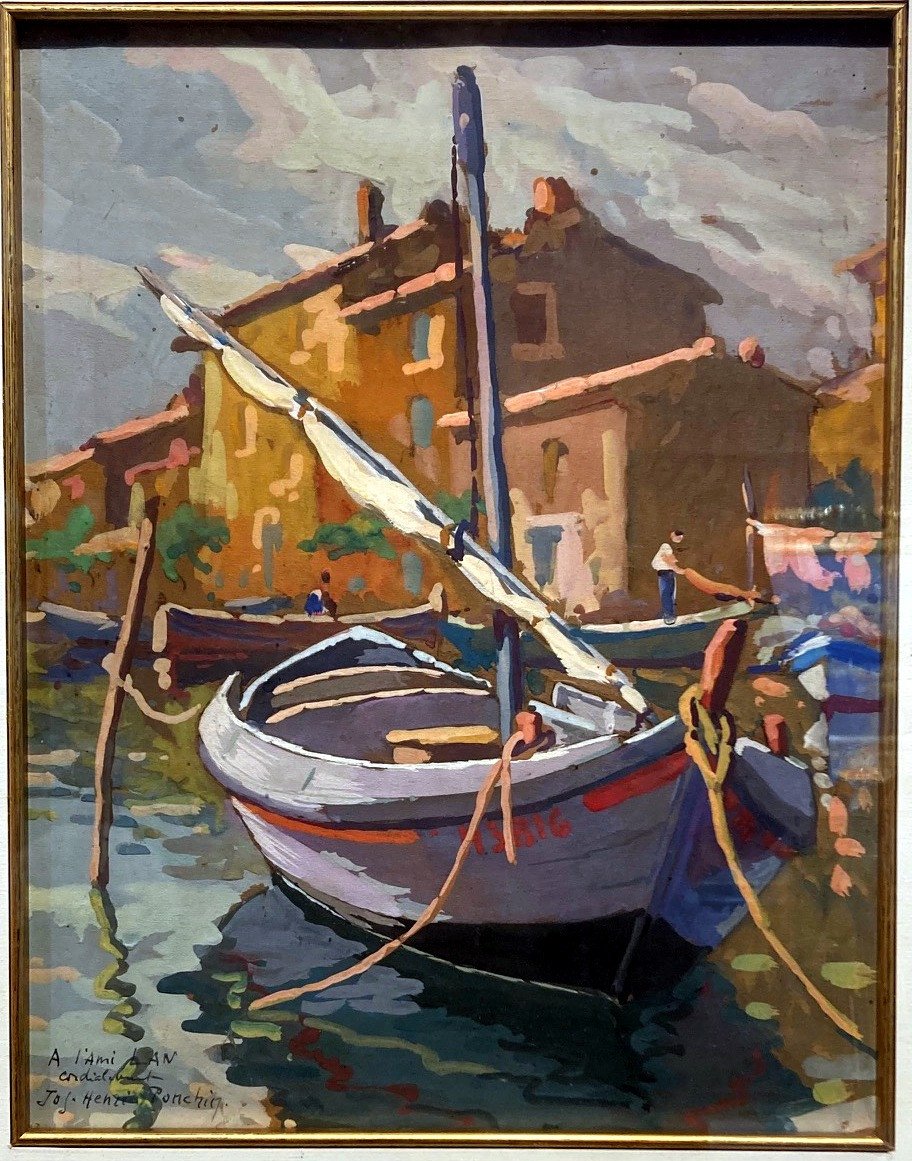 Jos Henri Ponchin (1897-1962) Barques De Pêche à Martigues - Gouache-photo-1