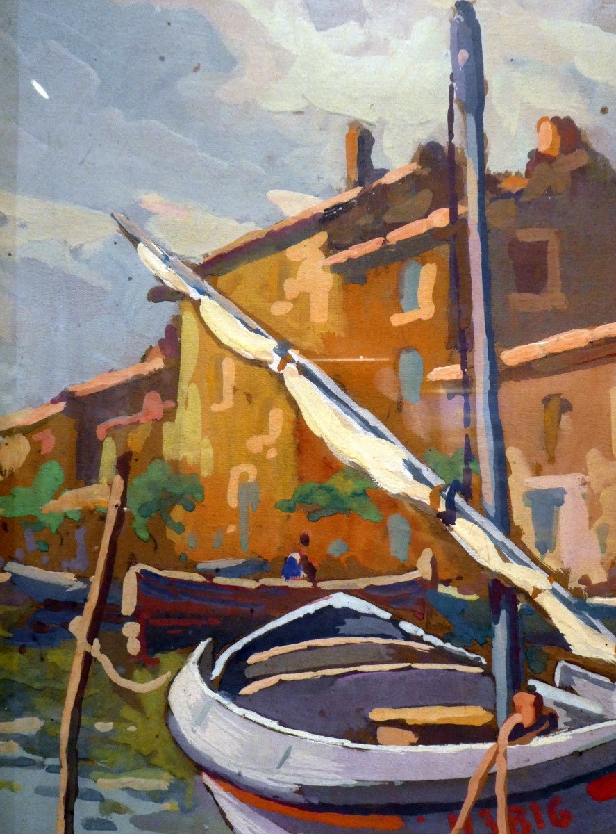Jos Henri Ponchin (1897-1962) Barques De Pêche à Martigues - Gouache-photo-2