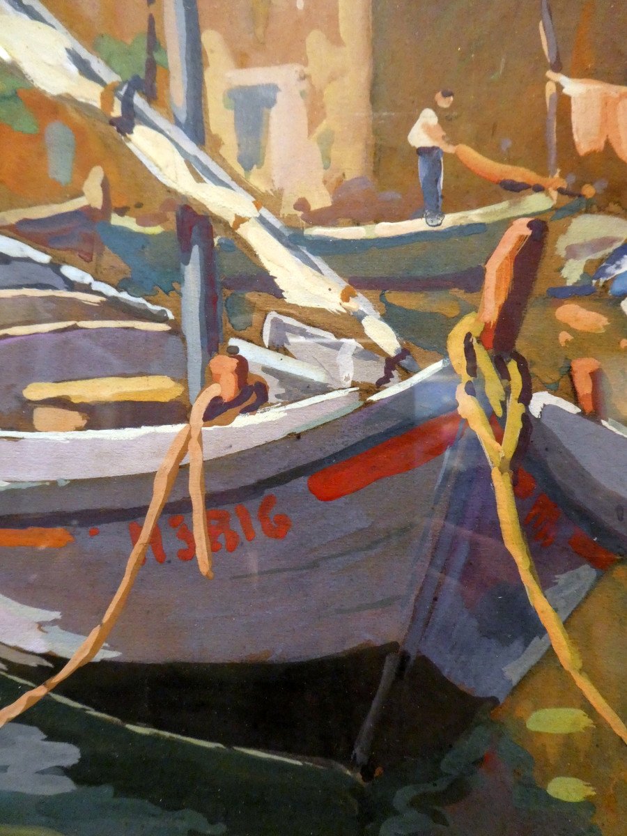 Jos Henri Ponchin (1897-1962) Barques De Pêche à Martigues - Gouache-photo-3