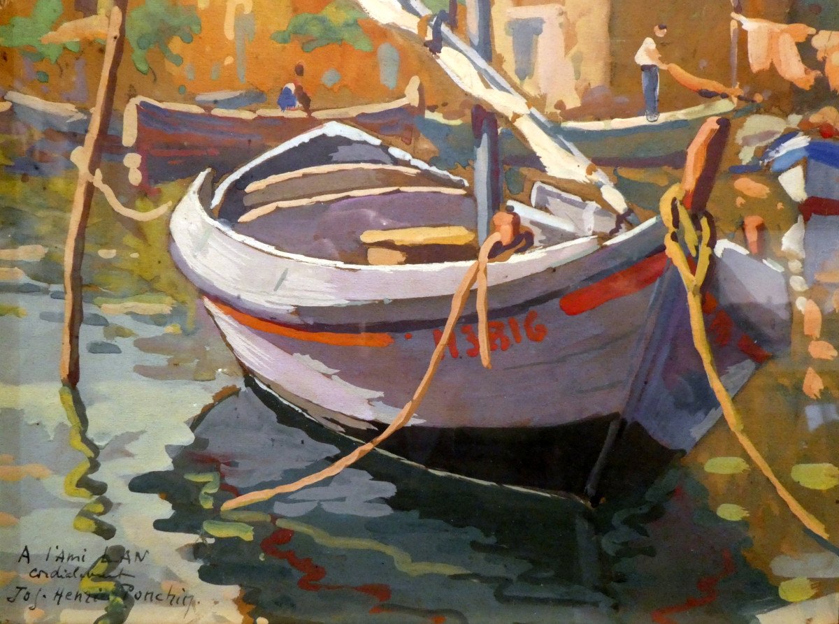 Jos Henri Ponchin (1897-1962) Barques De Pêche à Martigues - Gouache-photo-5