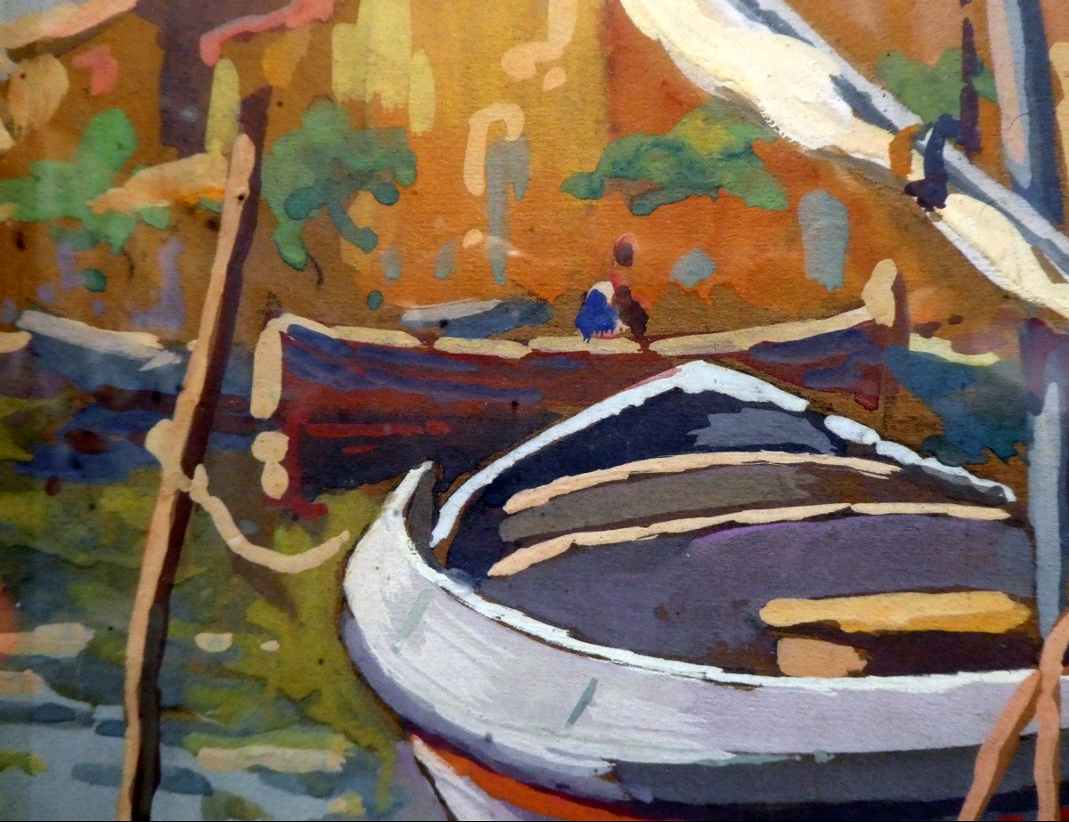 Jos Henri Ponchin (1897-1962) Barques De Pêche à Martigues - Gouache-photo-6