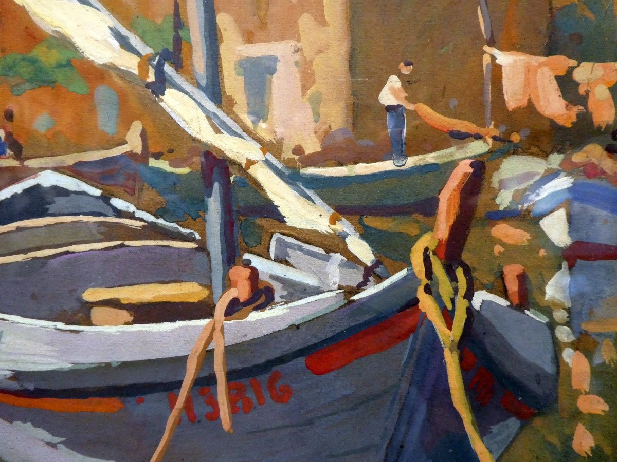 Jos Henri Ponchin (1897-1962) Barques De Pêche à Martigues - Gouache-photo-7