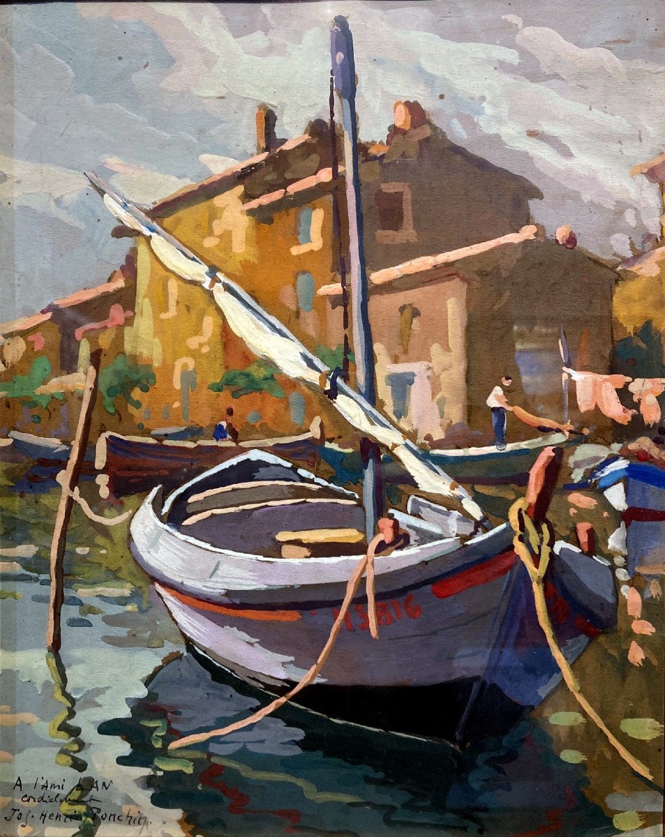 Jos Henri Ponchin (1897-1962) Barques De Pêche à Martigues - Gouache