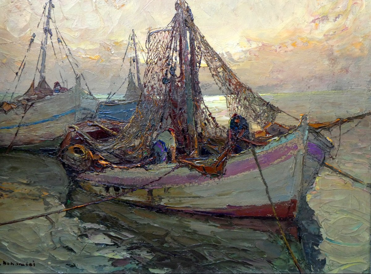 Louis Bonamici (1878-1966) Barques De Pêche Au Lever Du Jour-photo-2