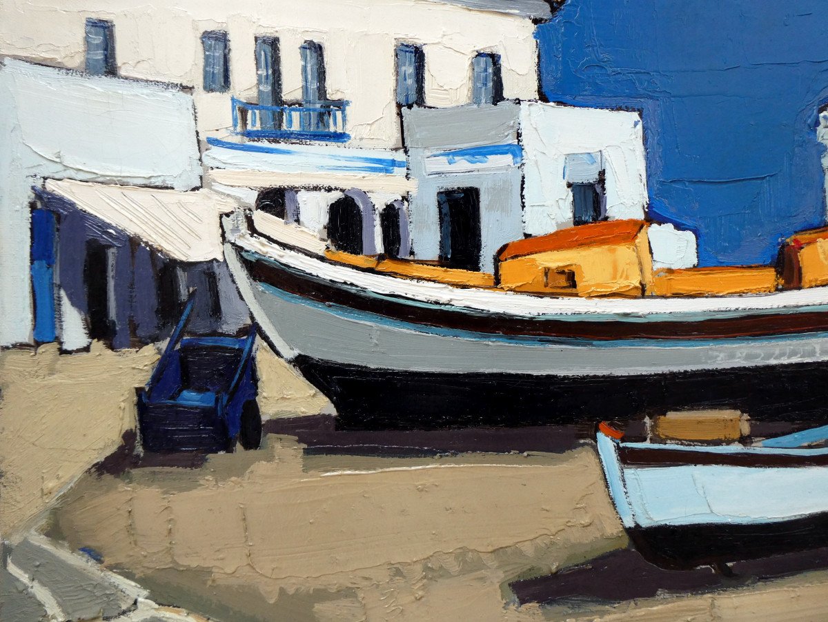 Jean-claude Quilici (1941-) Mykonos, Boat On Land In The Port.-photo-3