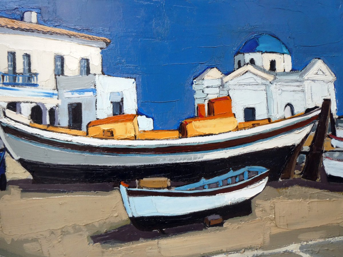 Jean-claude Quilici (1941-) Mykonos, Boat On Land In The Port.-photo-4