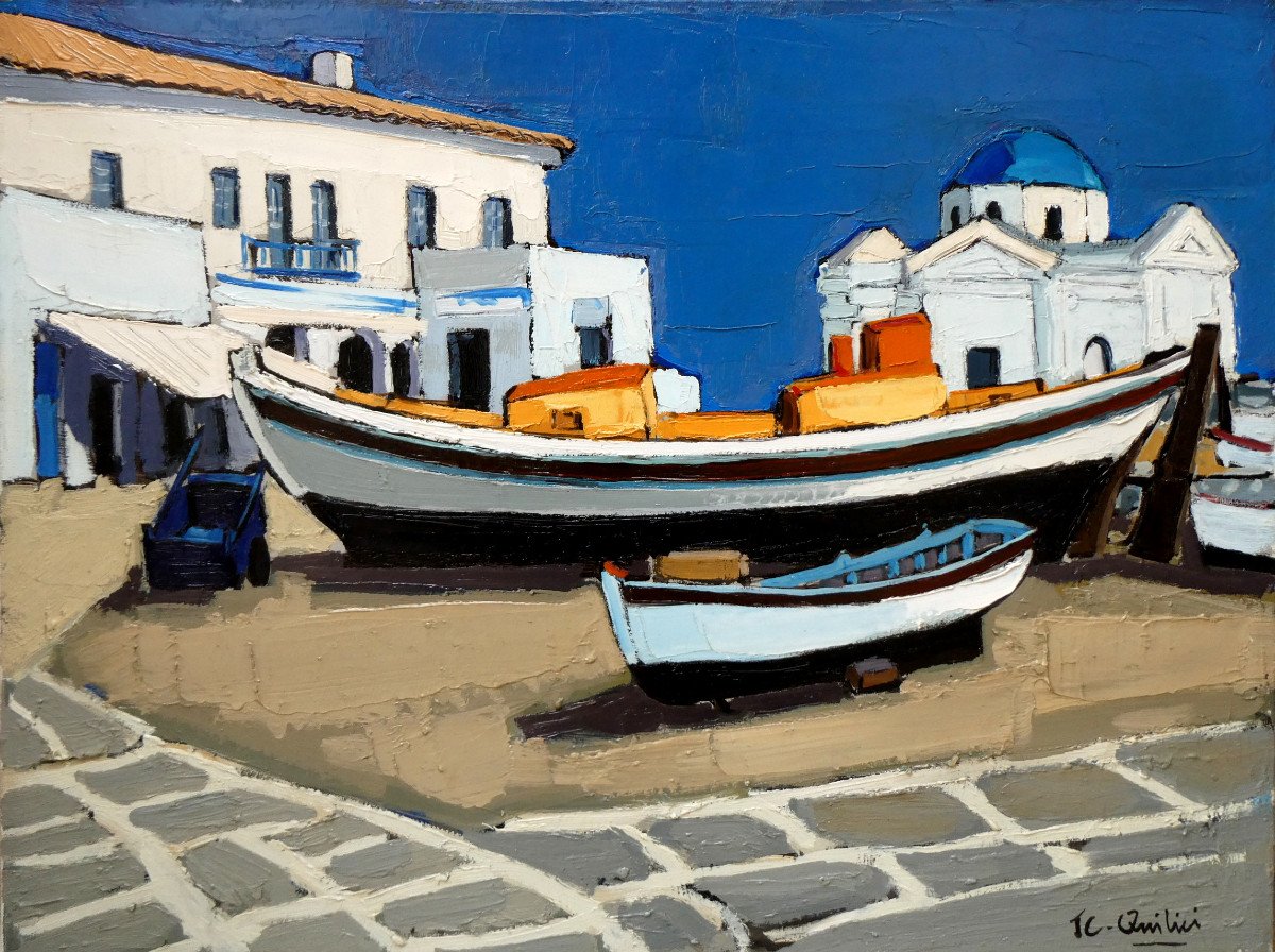 Jean-claude Quilici (1941-) Mykonos, Boat On Land In The Port.