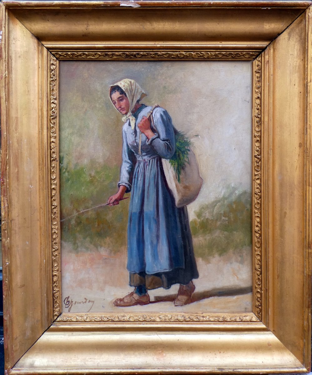 Théodore Jourdan (1833-1908) Paysanne Au Sac d'Herbe.-photo-2
