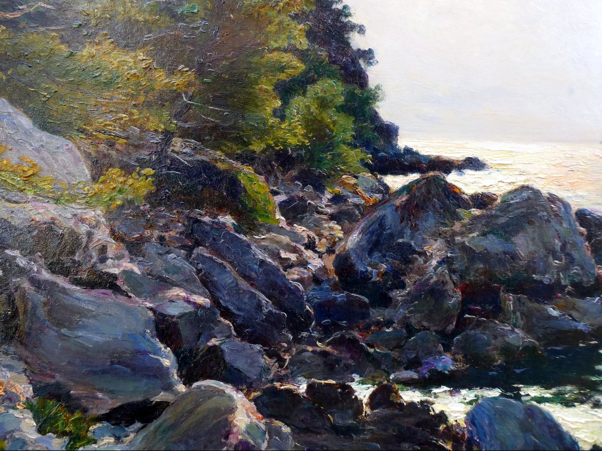Jean-Baptiste Olive (1848-1936) Bord de mer au crépuscule à Saint Cyr sur Mer-photo-4