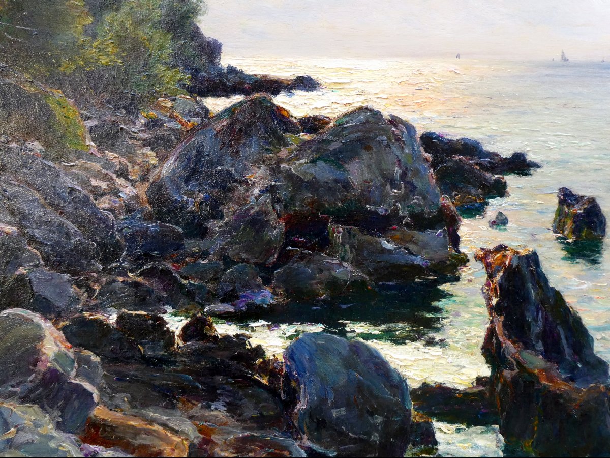 Jean-Baptiste Olive (1848-1936) Bord de mer au crépuscule à Saint Cyr sur Mer-photo-1