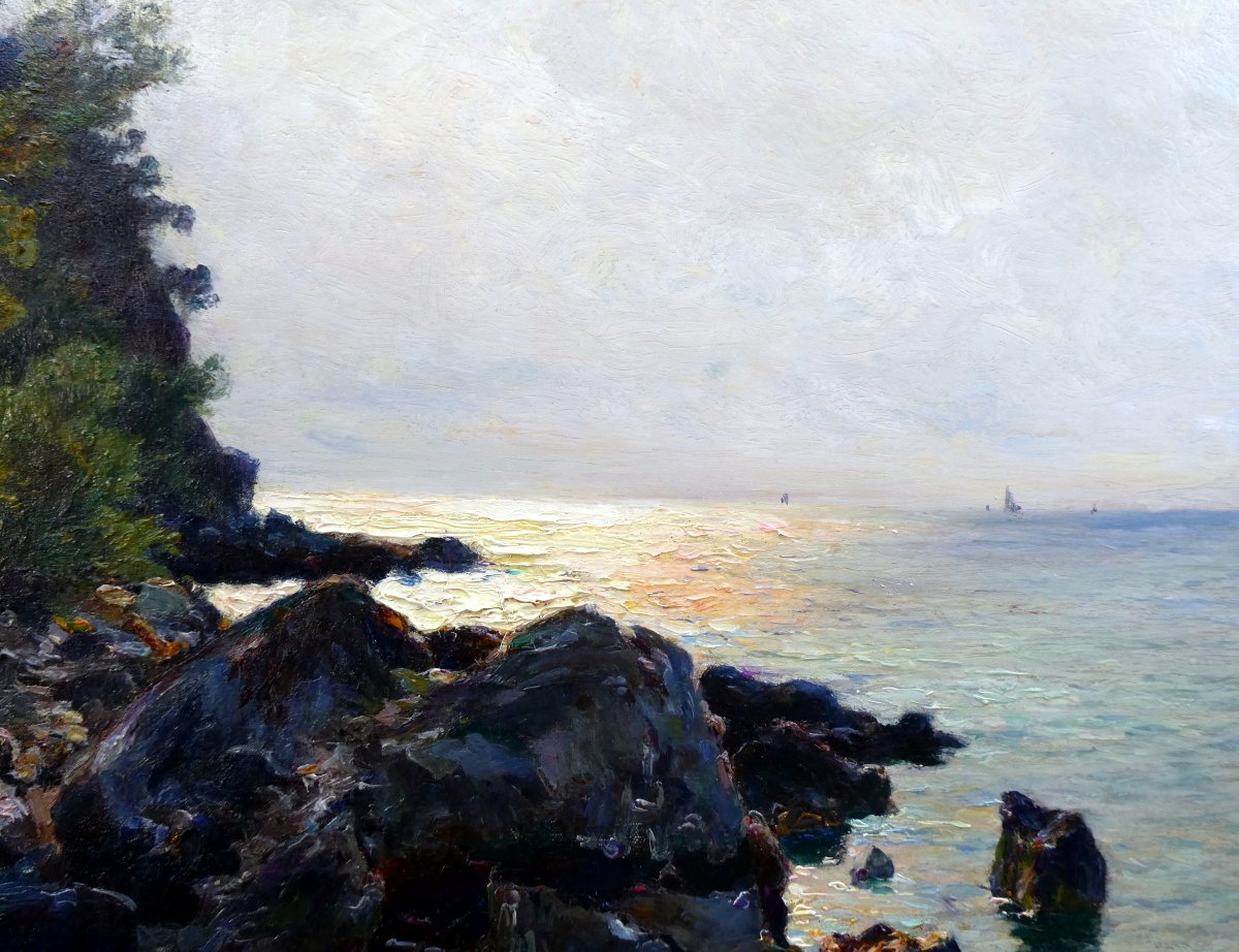 Jean-Baptiste Olive (1848-1936) Bord de mer au crépuscule à Saint Cyr sur Mer-photo-4