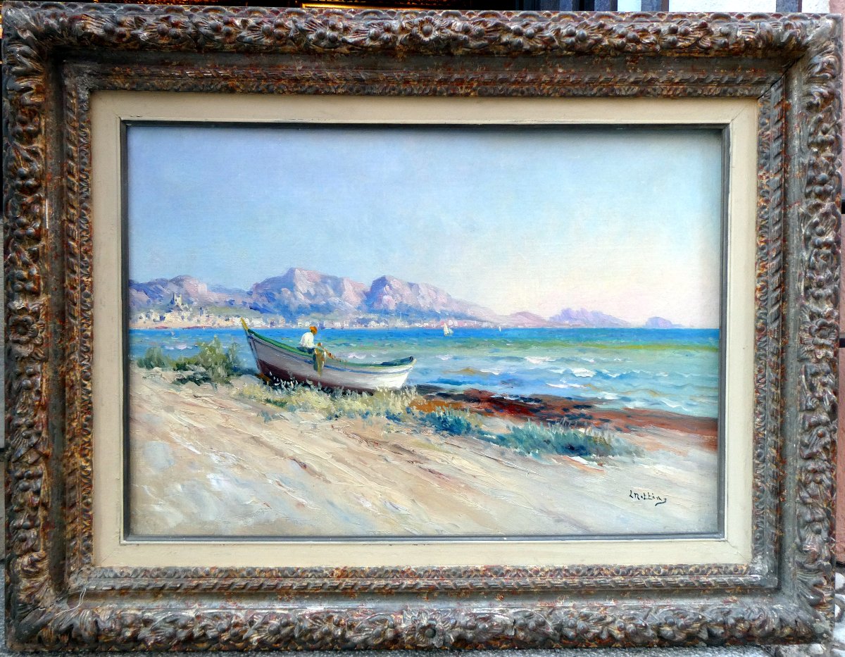 Louis Nattero (1870-1915)  Pêcheur sur sa barque à terre, plage du Prado à Marseille-photo-2