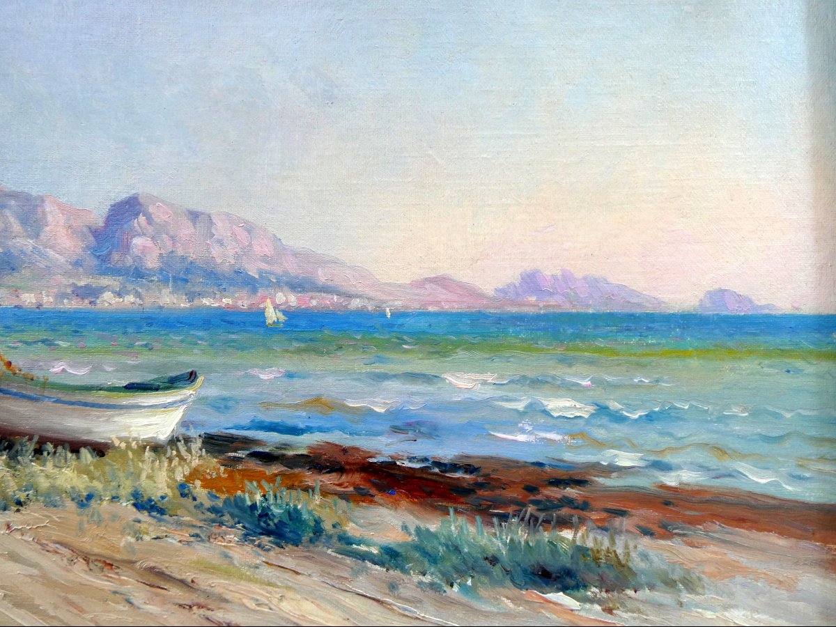 Louis Nattero (1870-1915)  Pêcheur sur sa barque à terre, plage du Prado à Marseille-photo-3