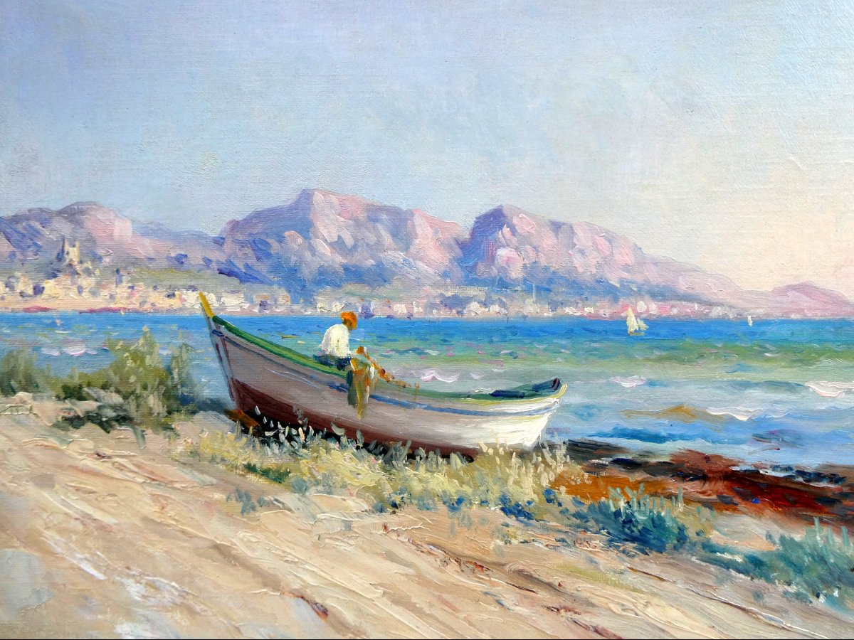 Louis Nattero (1870-1915)  Pêcheur sur sa barque à terre, plage du Prado à Marseille-photo-4