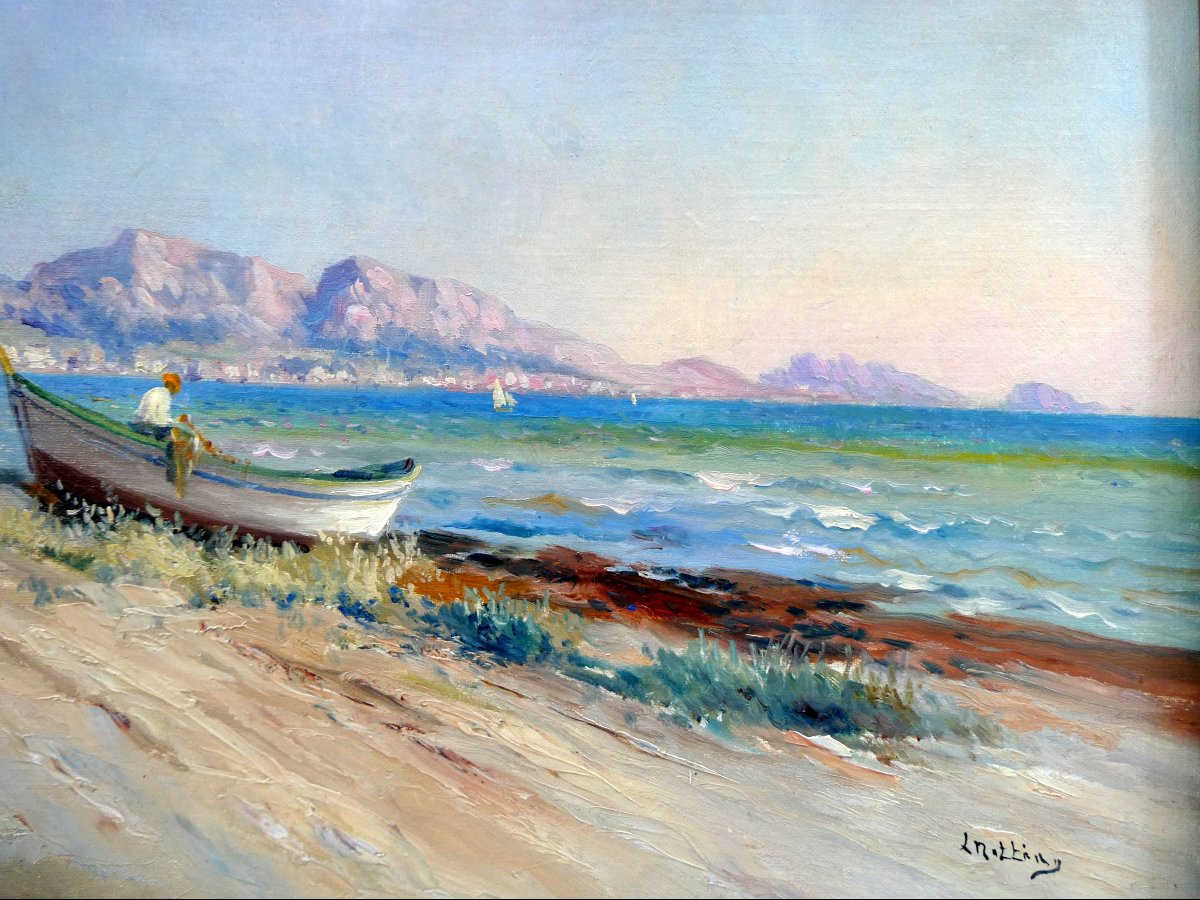 Louis Nattero (1870-1915)  Pêcheur sur sa barque à terre, plage du Prado à Marseille-photo-3