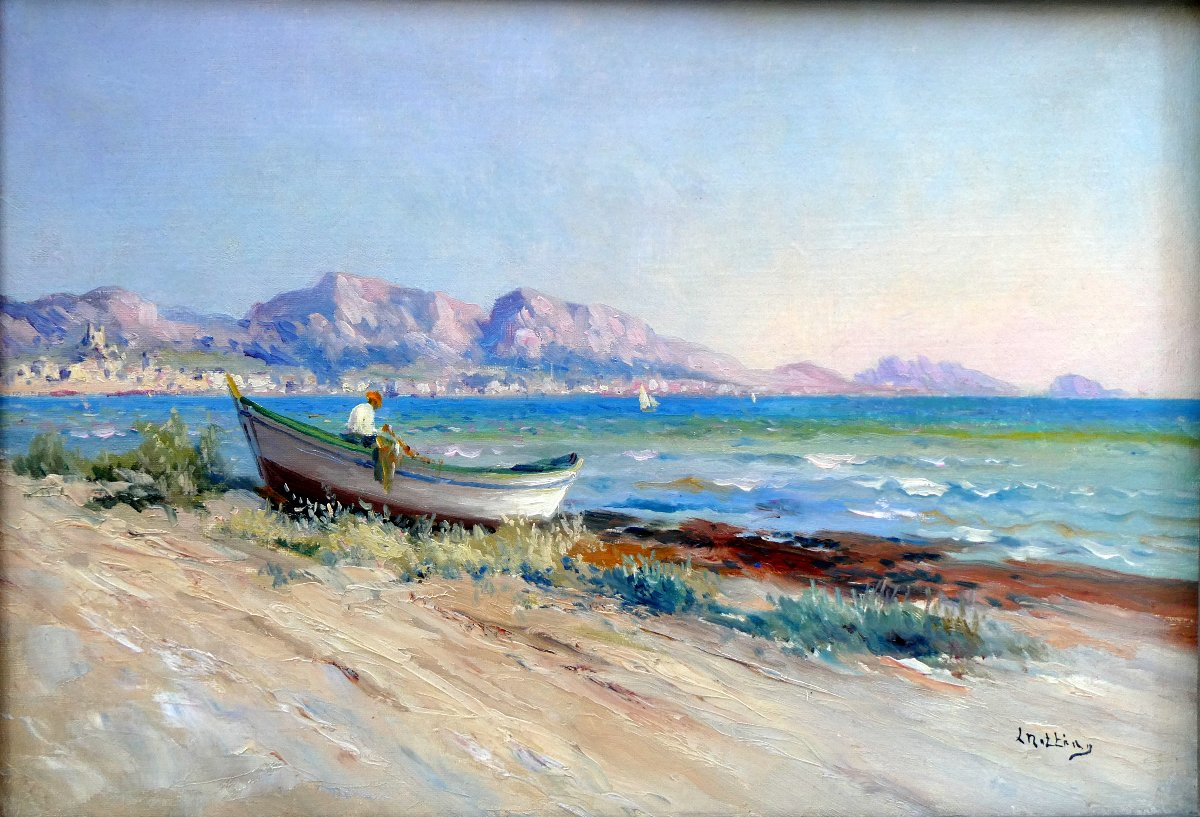 Louis Nattero (1870-1915)  Pêcheur sur sa barque à terre, plage du Prado à Marseille-photo-6