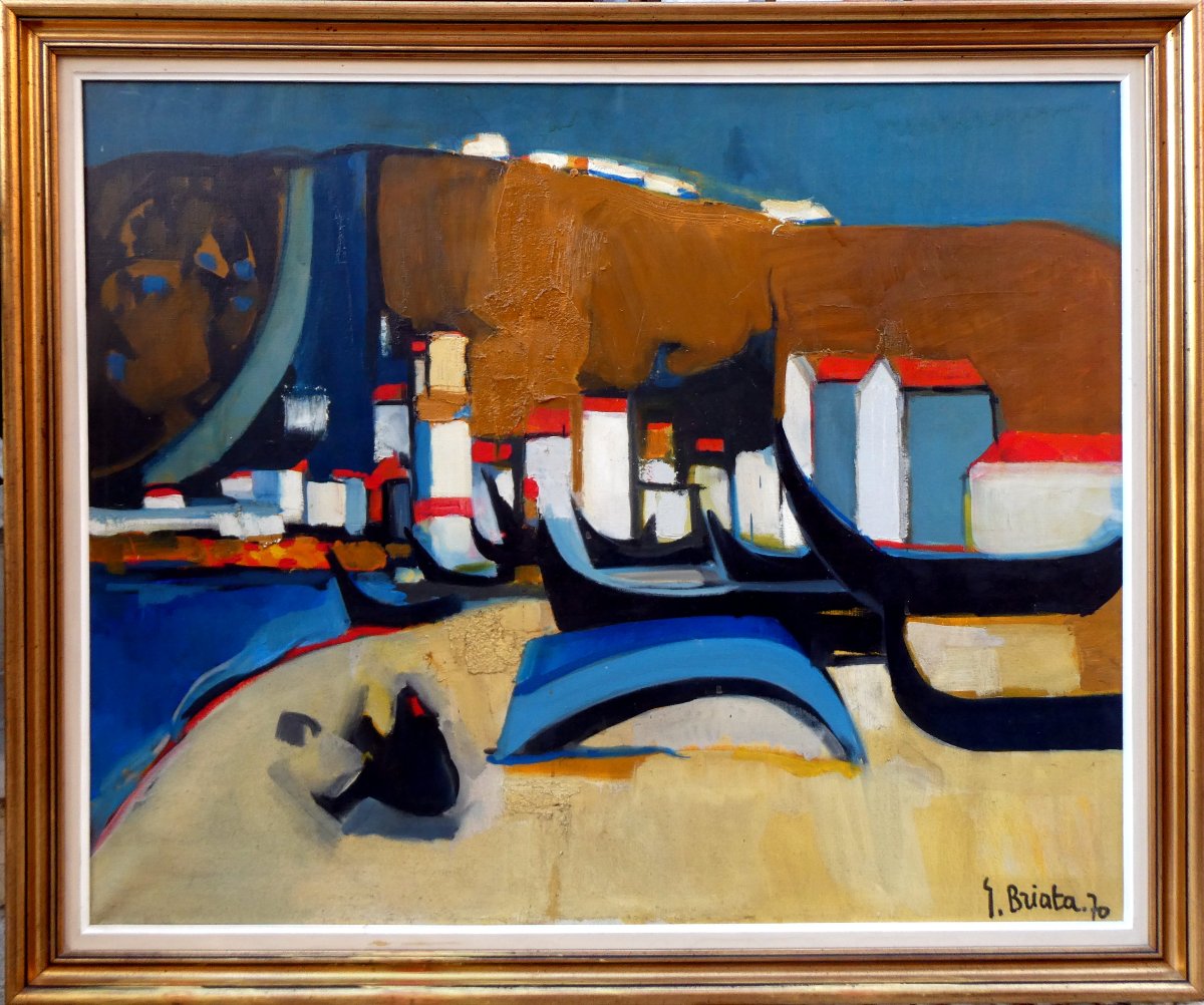 Georges Briata (1933-2019) The Black Boats In Nazaré, Portugal-photo-8