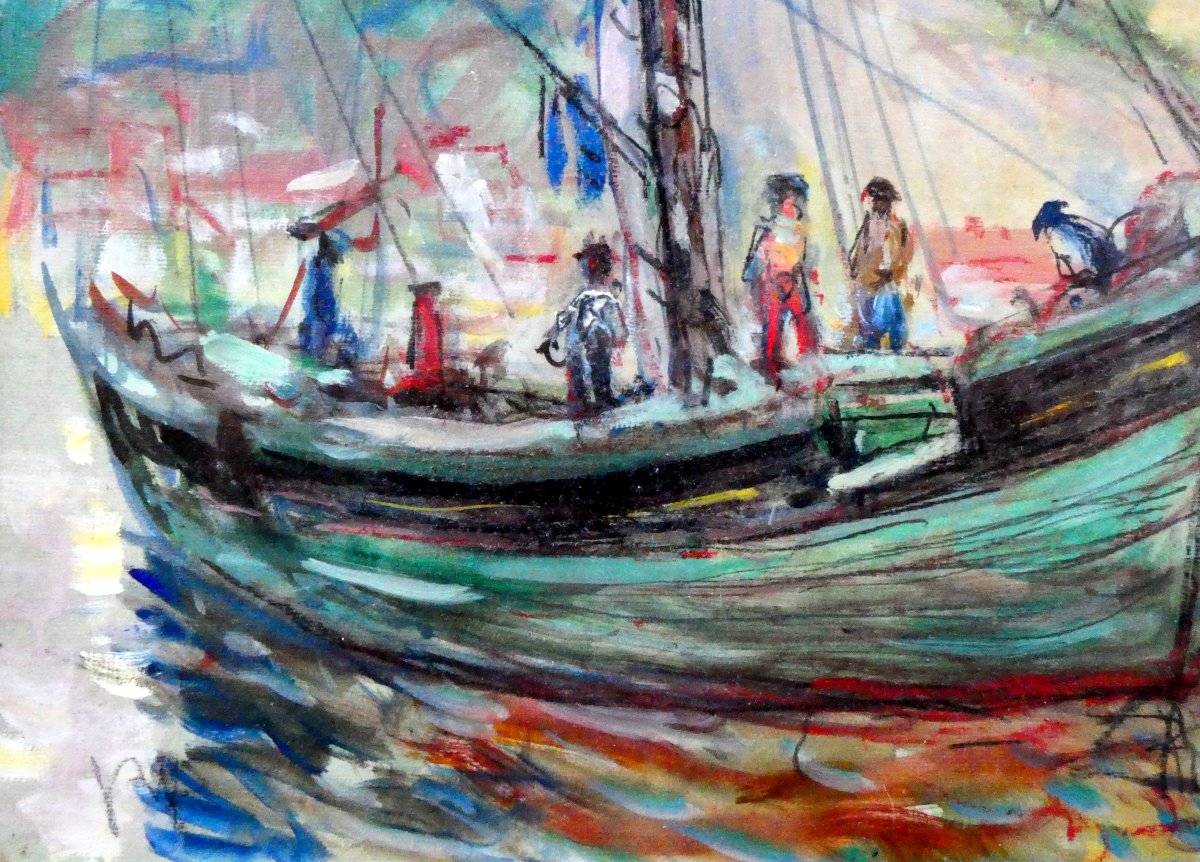 Paul Paquereau (1871-1956) La tartane verte dans le Port de Cassis-photo-3
