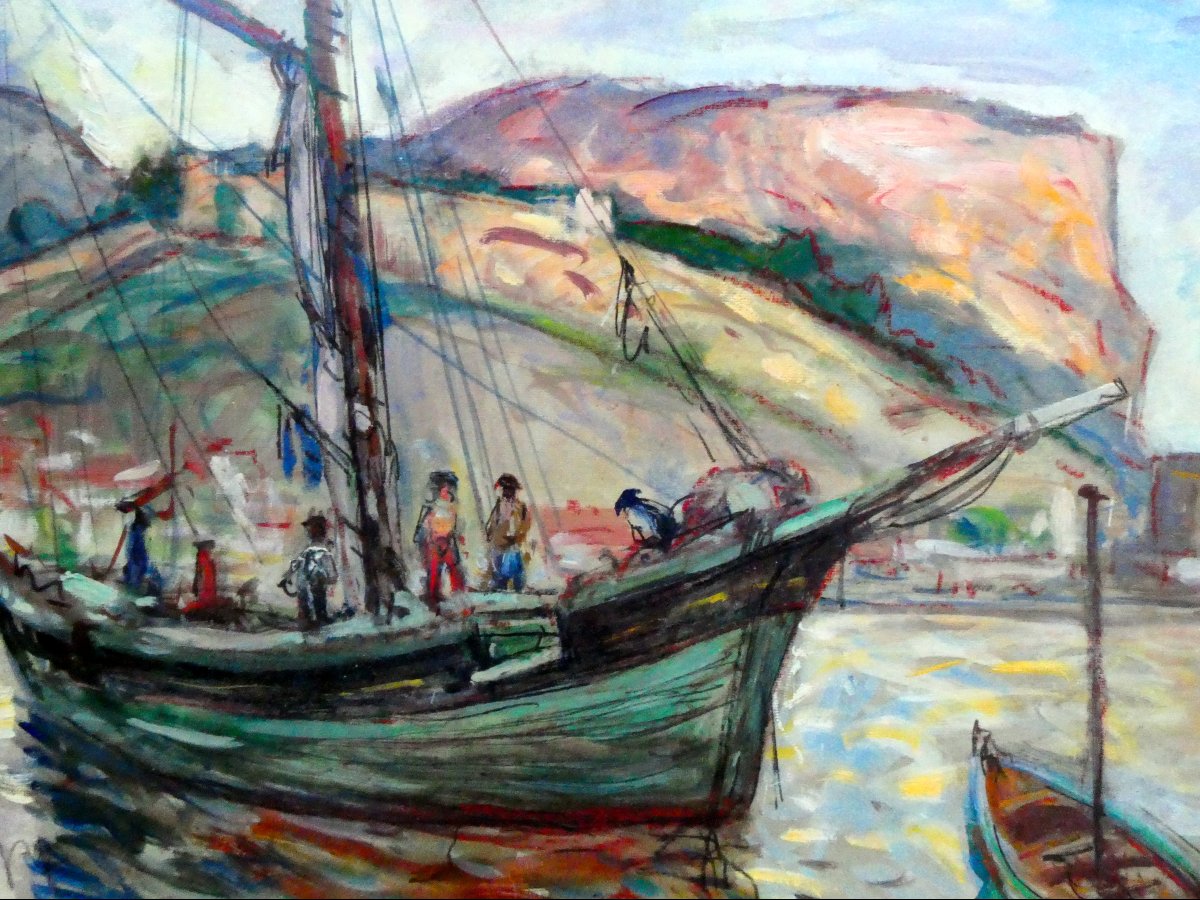 Paul Paquereau (1871-1956) La tartane verte dans le Port de Cassis-photo-4