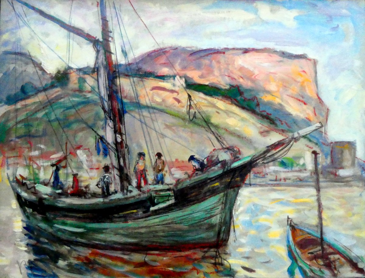 Paul Paquereau (1871-1956) La tartane verte dans le Port de Cassis-photo-5