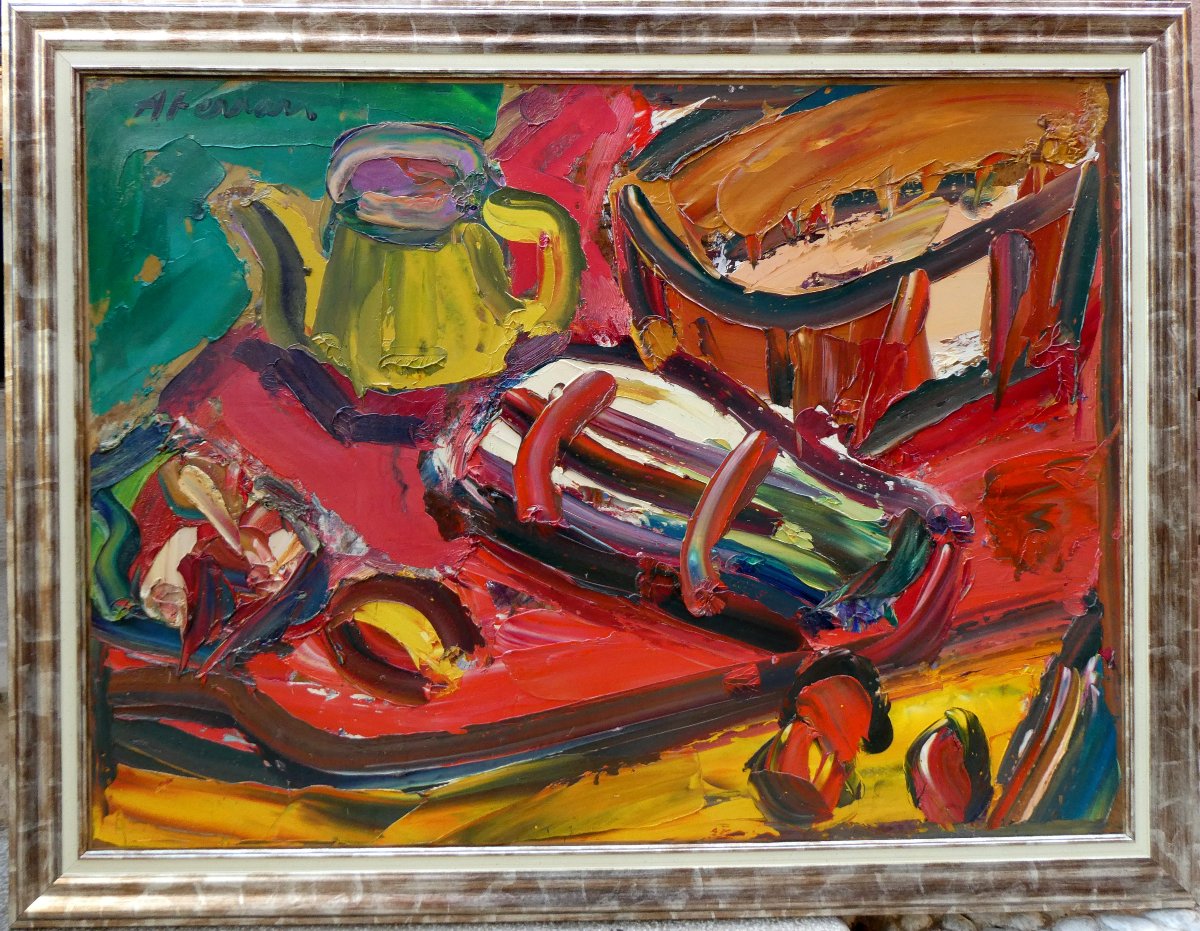 Antoine Ferrari (1910-1995) Nature morte au pichet jaune et aux asperges-photo-2