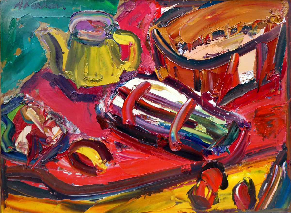 Antoine Ferrari (1910-1995) Nature morte au pichet jaune et aux asperges