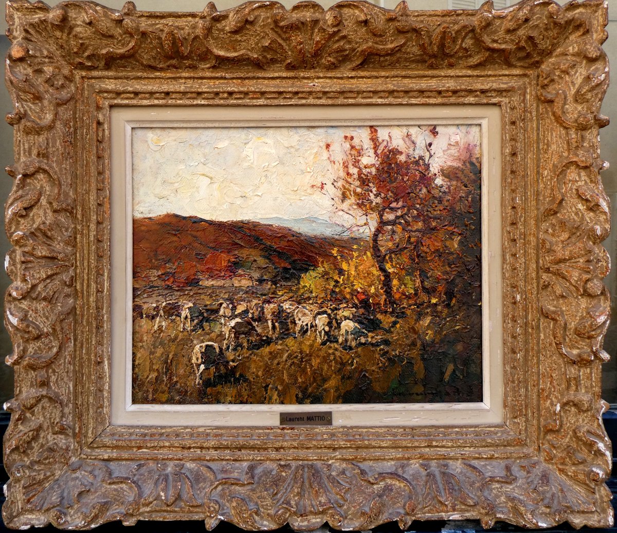 Laurent Mattio (1892-1965) Troupeau de moutons dans un paysage d'automne-photo-2