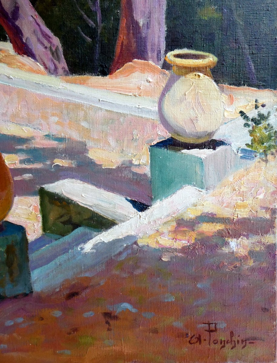 Antoine Ponchin (1872-1934) Terrasse sur les hauteurs de Martigues-photo-3