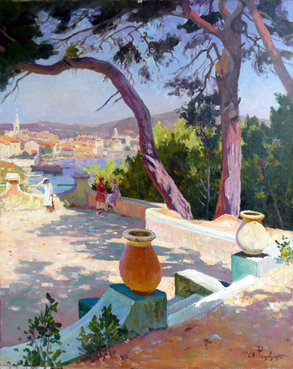 Antoine Ponchin (1872-1934) Terrasse sur les hauteurs de Martigues-photo-6