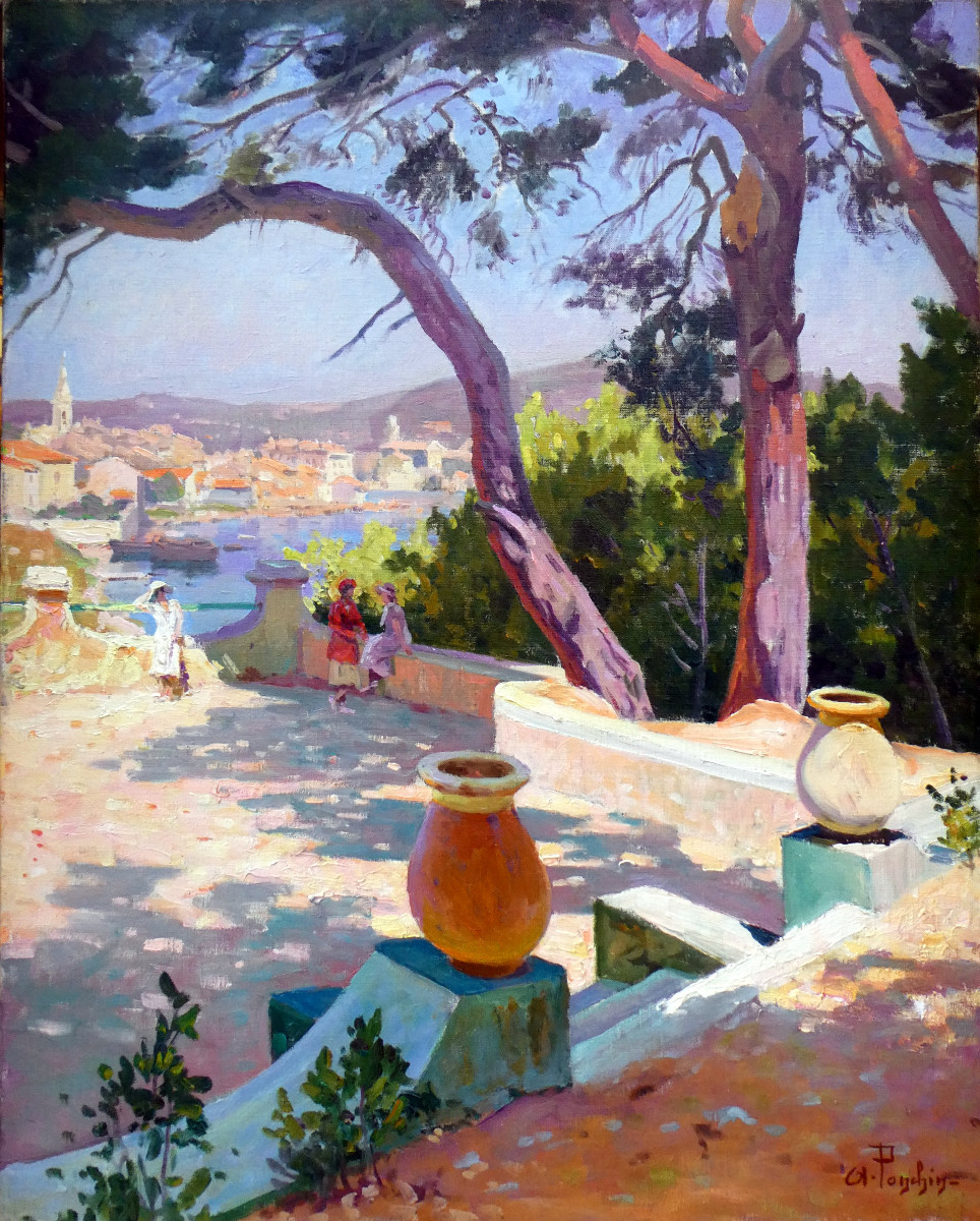 Antoine Ponchin (1872-1934) Terrasse sur les hauteurs de Martigues