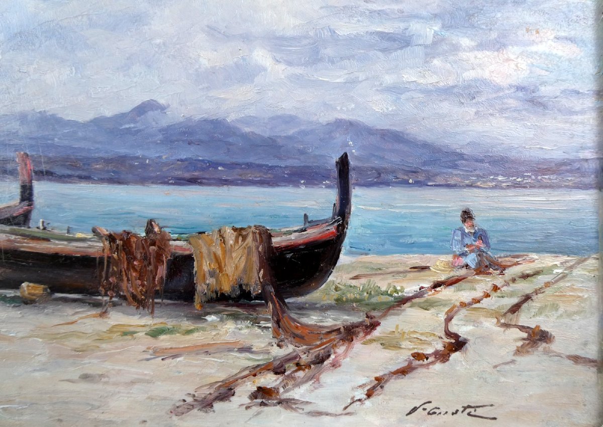 Victor Coste (1844-1923) Pêcheur réparant ses filets-photo-4