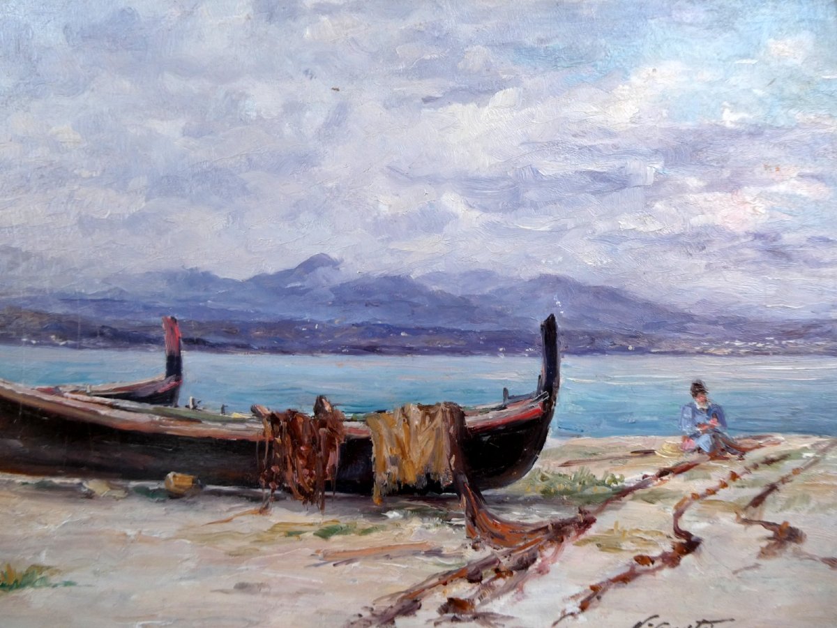 Victor Coste (1844-1923) Pêcheur réparant ses filets-photo-3