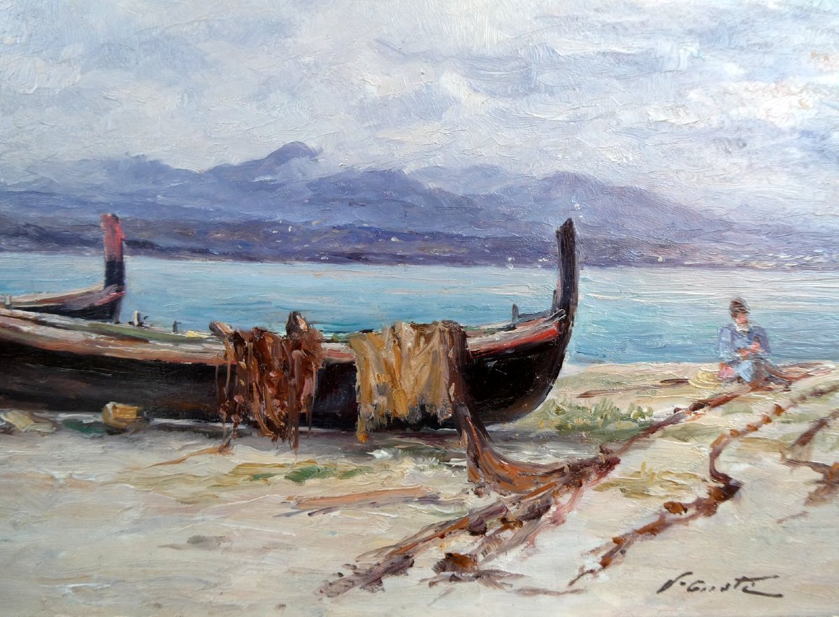 Victor Coste (1844-1923) Pêcheur réparant ses filets-photo-4