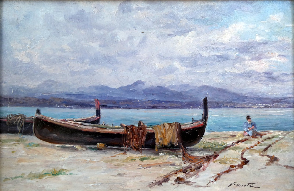 Victor Coste (1844-1923) Pêcheur réparant ses filets