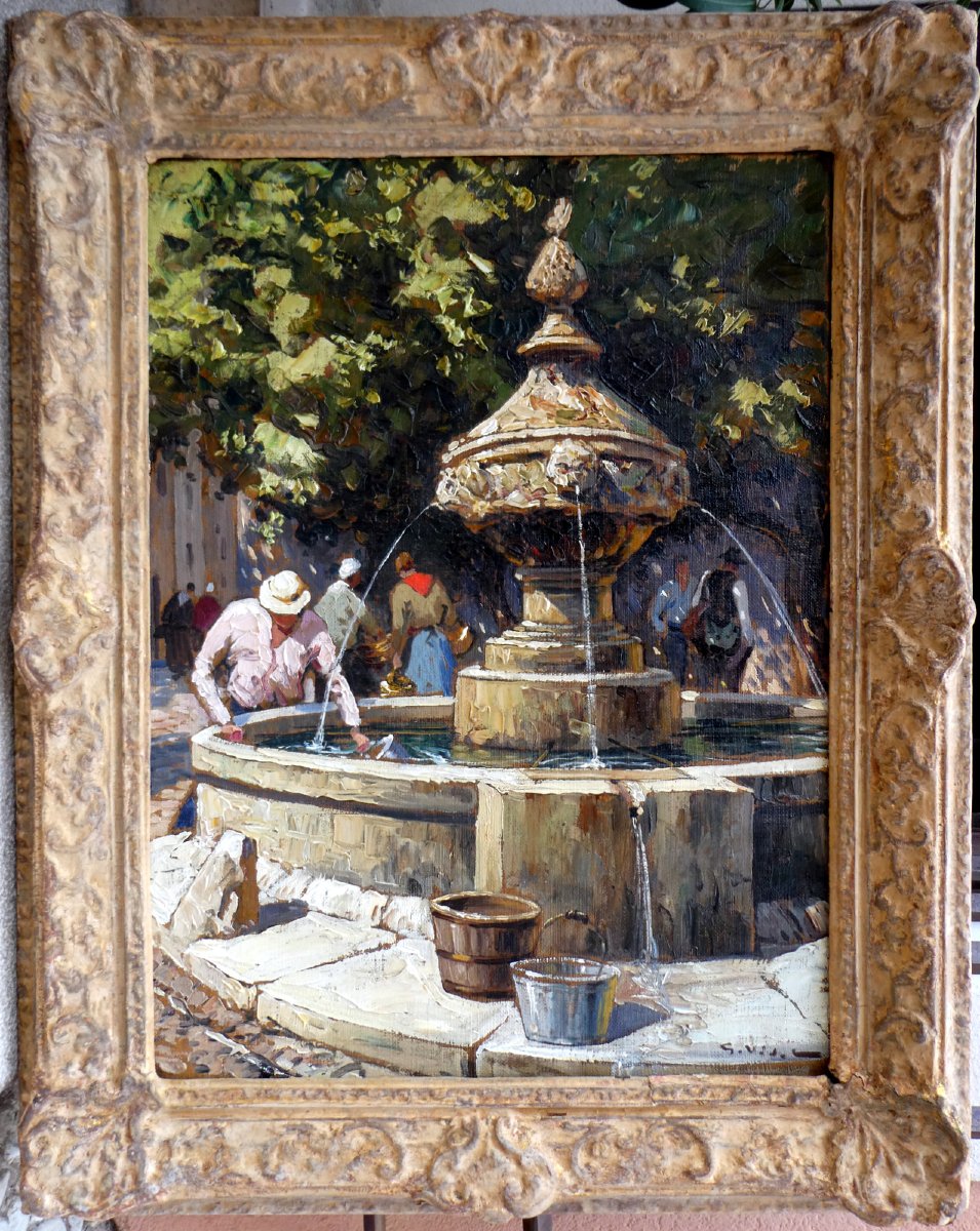 Gustave Vidal (1895-1966) A la Fontaine d'un village provençal-photo-2
