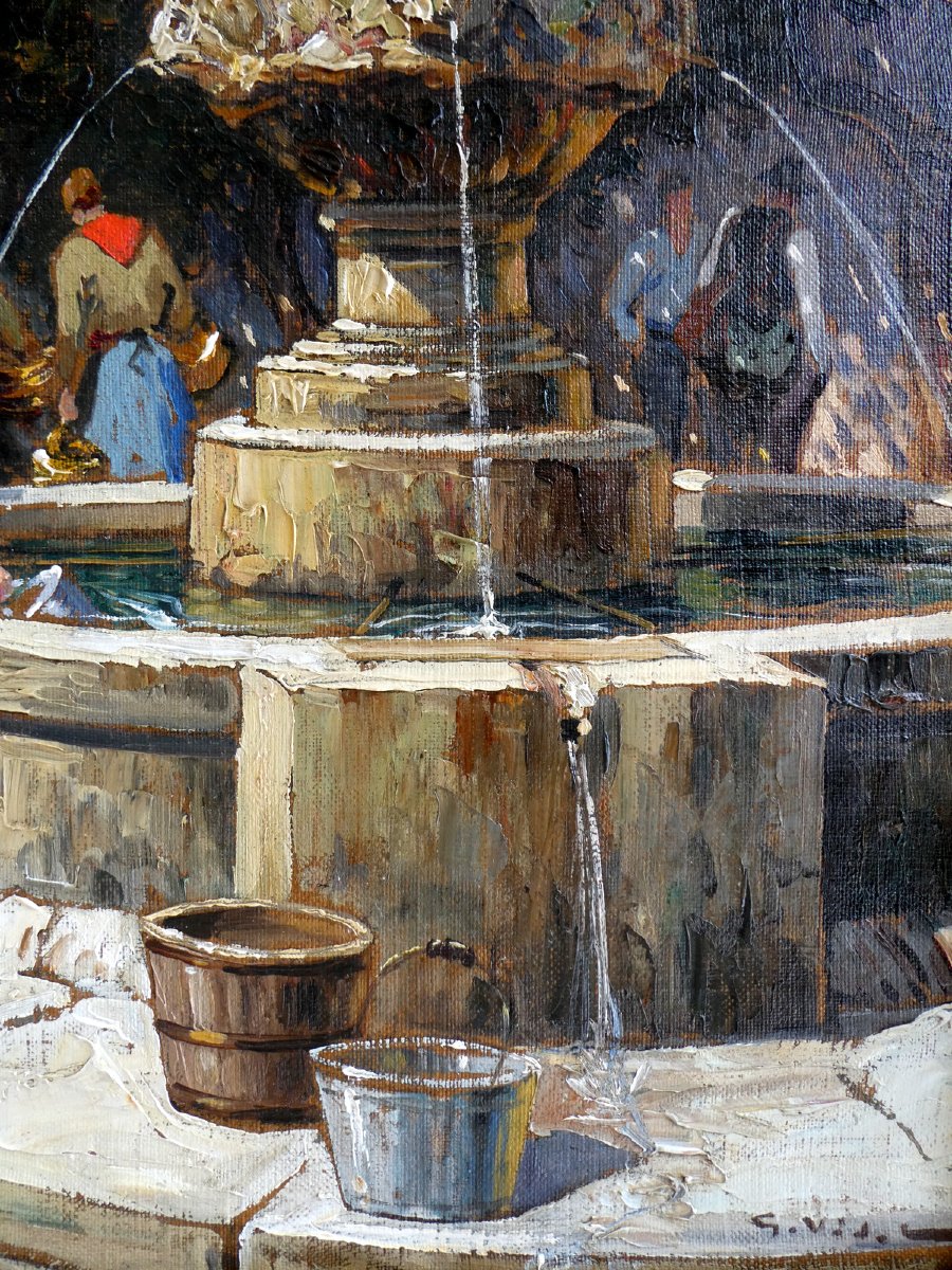 Gustave Vidal (1895-1966) A la Fontaine d'un village provençal-photo-4