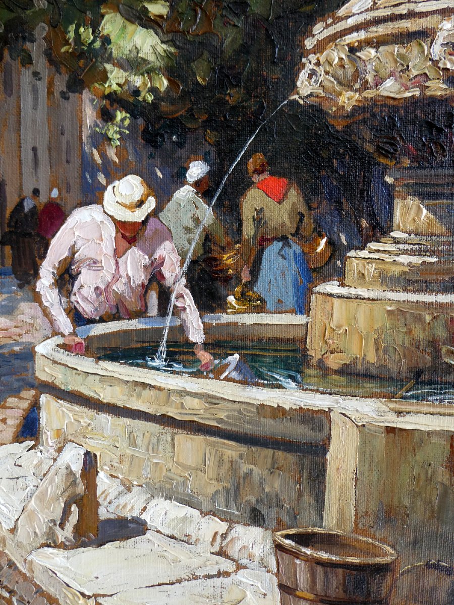 Gustave Vidal (1895-1966) A la Fontaine d'un village provençal-photo-5