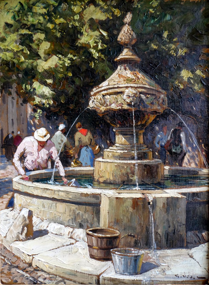 Gustave Vidal (1895-1966) A la Fontaine d'un village provençal-photo-6