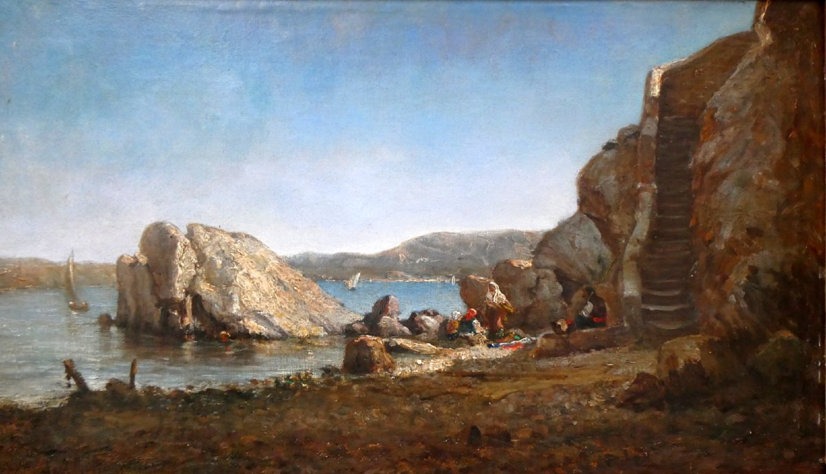 Paul Camille Guigou (1834-1871) Personnages au bord de mer à Marseille-photo-1