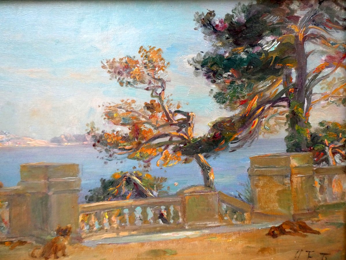 Michel Fronti (1862-1936) On The Terrace Of The Villa Maud On The Corniche, Marseilles-photo-2