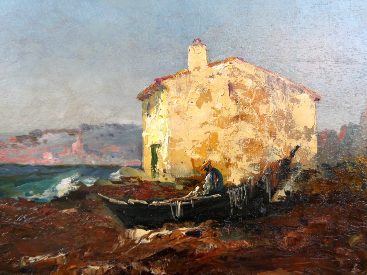 Louis Nattero (1870-1915)  Pêcheur ravaudant ses filets sur sa barque tirée à terre-photo-4