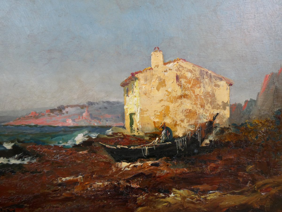 Louis Nattero (1870-1915)  Pêcheur ravaudant ses filets sur sa barque tirée à terre-photo-2