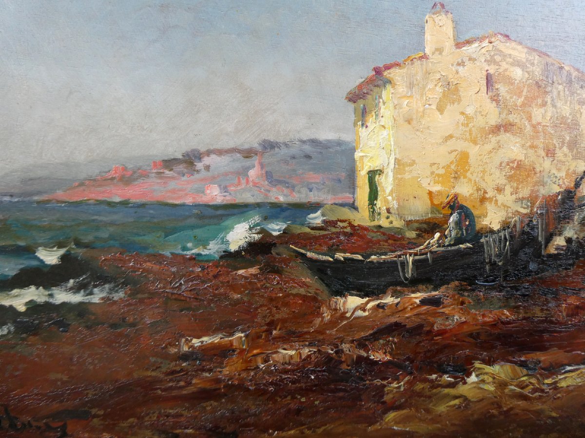 Louis Nattero (1870-1915)  Pêcheur ravaudant ses filets sur sa barque tirée à terre-photo-3