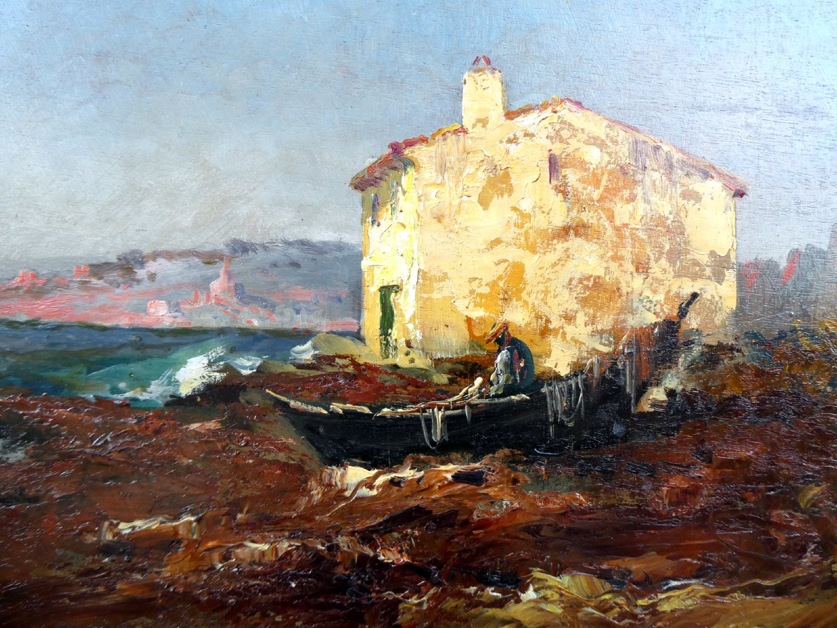 Louis Nattero (1870-1915)  Pêcheur ravaudant ses filets sur sa barque tirée à terre-photo-4