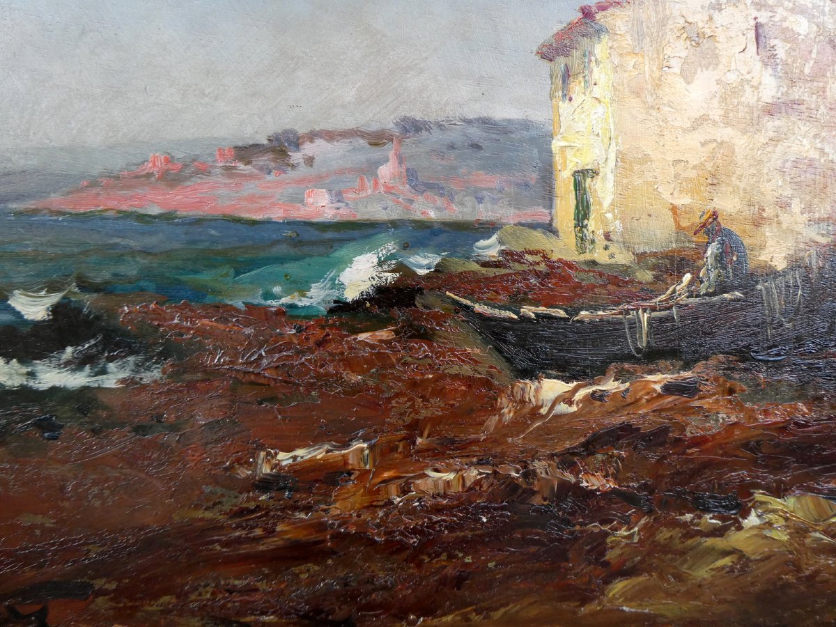 Louis Nattero (1870-1915)  Pêcheur ravaudant ses filets sur sa barque tirée à terre-photo-5